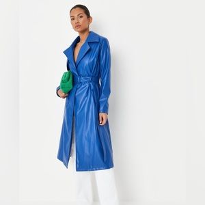 Blue Faux Leather Trench Coat